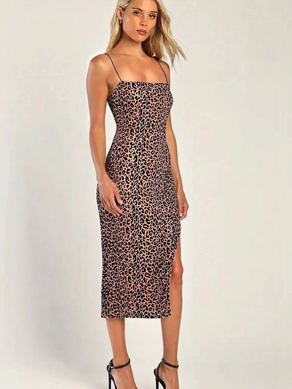 Lulus Fierce and Flirty Beige Velvet Leopard Print Slip Midi Dress NWT small